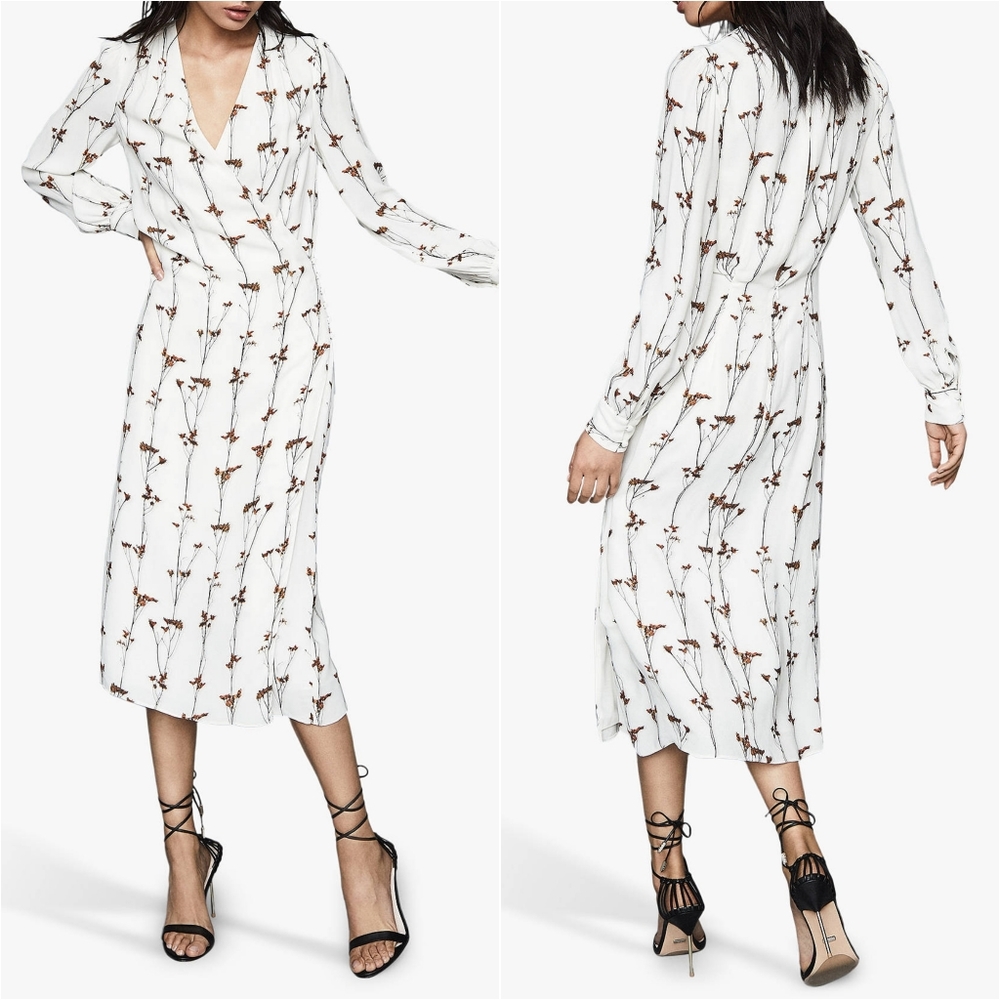 Reiss White Floral-Print Midi Dress